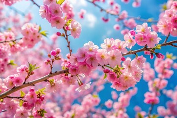 Obraz premium A tree with pink flowers is in the middle of a blue sky