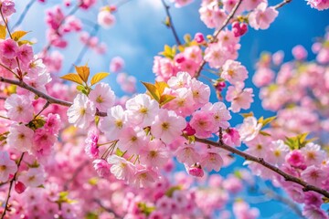 A tree with pink flowers is in the middle of a blue sky