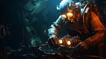 Fototapeta premium Underwater exploration ocean depths action scene industrial environment close-up view technology and adventure