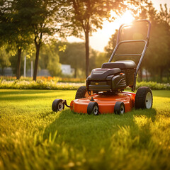 Lawn Mower on Green Grass at Sunset &ndash; Perfect Gardening and Landscaping Equipment. Ai Generated
