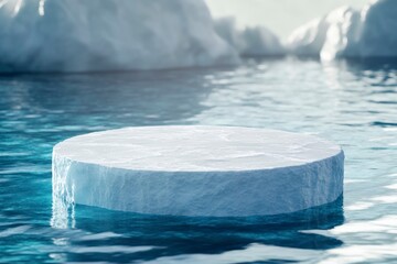 3D of an empty round ice podium on a water background, with an ice and snow concept