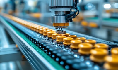 Conveyor belt with robotic arm assembling yellow parts in a factory for industrial manufacturing