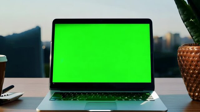 Laptop Computer Monitor Standing on a Desk with a Green Screen Chroma key. Green Screen Display with Isolated Placeholder.	
