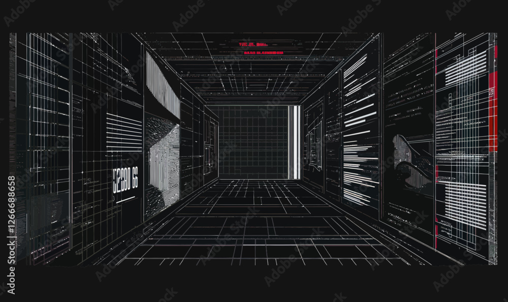 Poster retro futuristic cyberpunk y2k design with perspective grid and wireframe elements