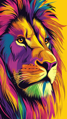 Fototapeta premium Vibrant Colorful Lion Face with Majestic Mane in Minimalist Vector for T-Shirt Design
