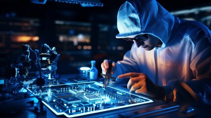 Technician repairing circuit board high-tech laboratory digital image futuristic environment close-up viewpoint