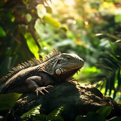 Obraz premium A slow-moving iguana navigating through the jungle, its long tail swaying gently with each step.
