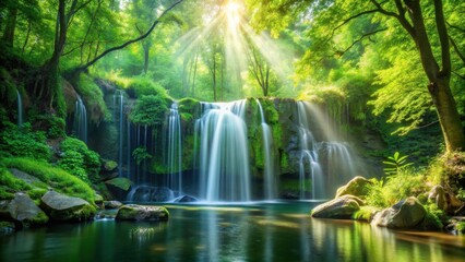 Fototapeta premium Serene Waterfall Cascading Through Lush Green Forest, Bathed in Sunlight's Golden Rays