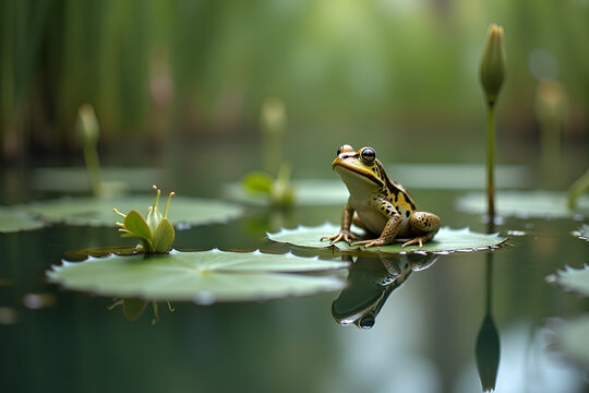 Small Frog Sitting on Lilypad in Pond