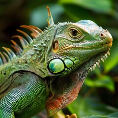 A close-up of a slow-moving iguana, revealing its unique spikes, scales, and bright green hues.