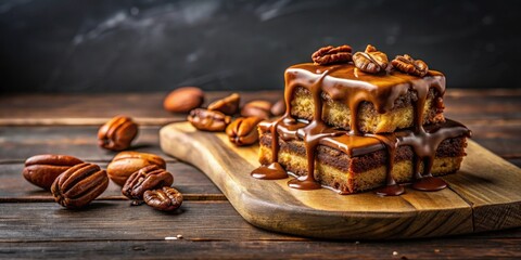 Decadent Chocolate Pecan Squares Drizzled with Rich Caramel Glaze on Rustic Wooden Board