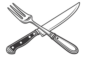  A simple, minimalist illustration of a fork and knife, both black and outlined in white, on a white background. The fork has four tines and the knife has a rounded tip. The objects are centered and