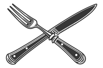  A simple, minimalist illustration of a fork and knife, both black and outlined in white, on a white background. The fork has four tines and the knife has a rounded tip. The objects are centered and