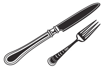  A simple, minimalist illustration of a fork and knife, both black and outlined in white, on a white background. The fork has four tines and the knife has a rounded tip. The objects are centered and