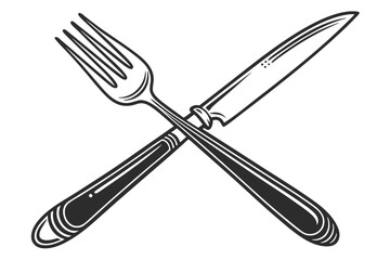  A simple, minimalist illustration of a fork and knife, both black and outlined in white, on a white background. The fork has four tines and the knife has a rounded tip. The objects are centered and