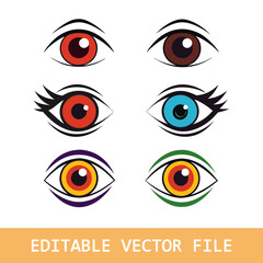 Set of cute toy eyes. Shiny, bulging, doll-like eyes in cartoon style. Cute, round, vector, isolated elements. Different, shaking, stupid, cheerful eyes of the character. Vector illustration