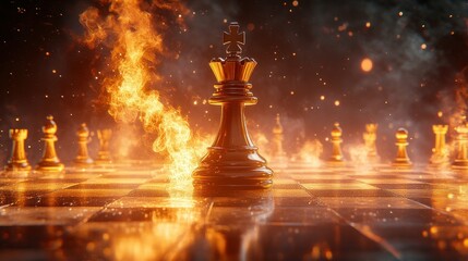 Black king chess piece burning on fire on chessboard, strategy concept