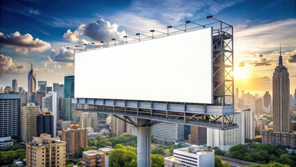 Obraz premium A mockup of a horizontal billboard displayed on the wall top of a building with a stunning cityscape background, outdoor advertisement, architectural feature