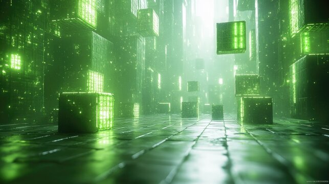 A vibrant, abstract representation of a cityscape made up of illuminated geometric blocks.