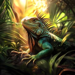 Fototapeta premium A green iguana sunbathing in a tropical garden, surrounded by lush greenery and a warm, golden light.