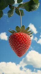 Ripe Red Strawberry Hanging from a Plant Against a Bright Blue Sky with Fluffy White Clouds, Fresh Organic Fruit Growing in Natural Garden Environment on a Sunny Day