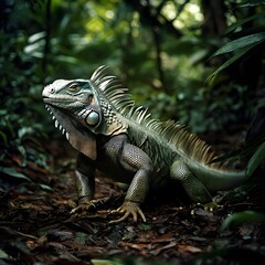 A green iguana sunbathing in a tropical garden, surrounded by lush greenery and a warm, golden light.