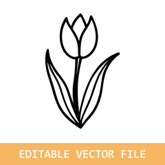 Black contour of a tulip flower. Vector line art illustration