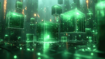 A vibrant, abstract representation of a cityscape made up of illuminated geometric blocks.