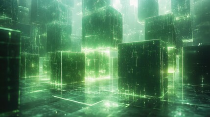 A vibrant, abstract representation of a cityscape made up of illuminated geometric blocks.