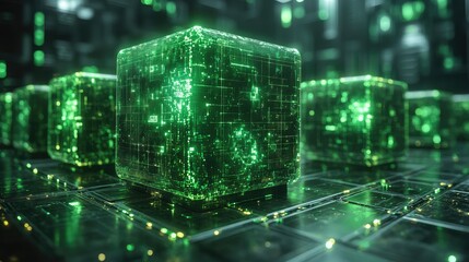 A vibrant, abstract representation of a cityscape made up of illuminated geometric blocks.