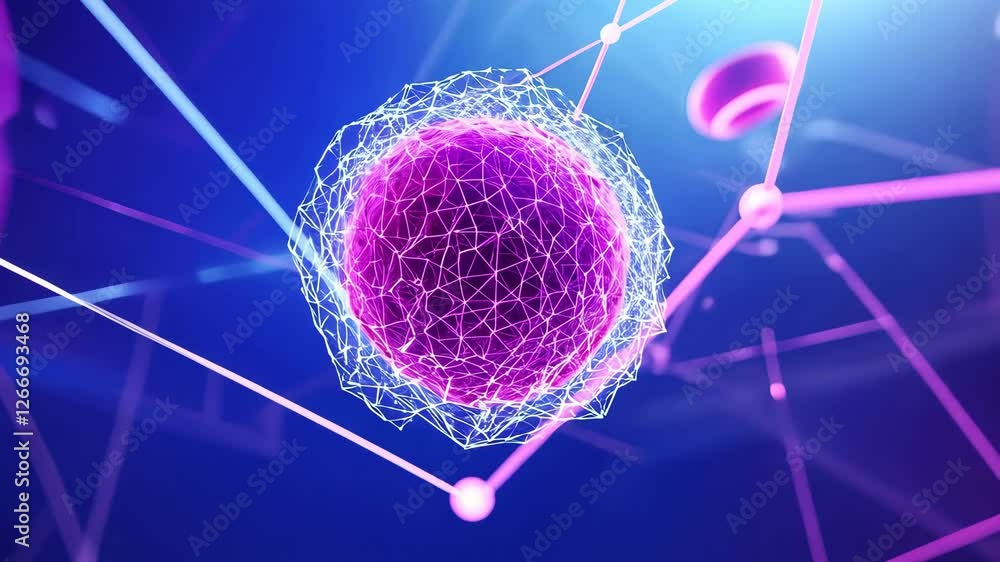 Poster vibrant digital representation of glowing cell with abstract network structure in blue and pink, hig