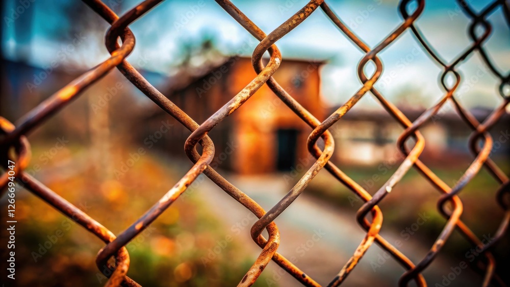 Aufkleber rusty chain link fence focus on metal texture with blurred building in background