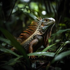 Fototapeta premium A slow-moving iguana navigating through the jungle, its long tail swaying gently with each step.