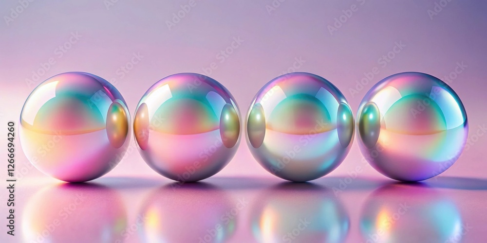 Aufkleber iridescent spheres in a row on a reflective surface exhibiting a spectrum of pastel colors
