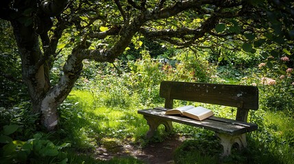 Serene Garden Bench with Open Book Tranquil Summer Day