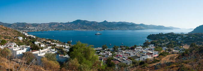 Naklejka premium A panoramic summer view of Yalıkavak bay. Beautiful holiday resort on the Bodrum peninsula. Mugla province, Turkey country 