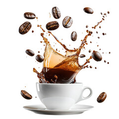 Isolated Energetic Coffee Splash with Levitating Beans - Lively Coffee Scene