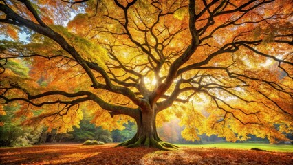 Old ahornbaum tree with a leafy canopy and intricate branch structure in autumn foliage , foliage, deciduous,  foliage