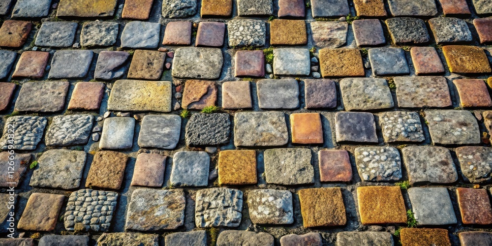 Fototapete A Detailed View of a Multicolored Cobblestone Pavement, Showing the Texture and Variation in Stone Colors and Shapes, with Small Plants Sprouting Between the Stones
