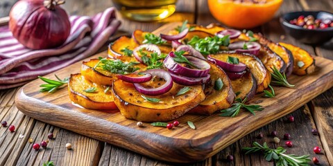 Fototapeta premium Roasted Squash Slices with Red Onions on a rustic wooden cutting board, garnished with fresh herbs and a drizzle of olive oil