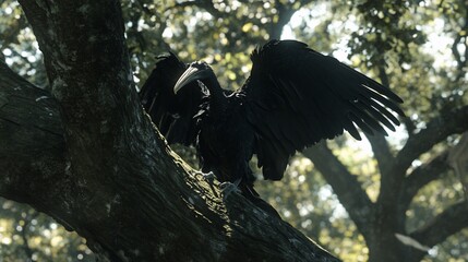 Black bird wings spread, forest branch, sunlight dappled, nature documentary