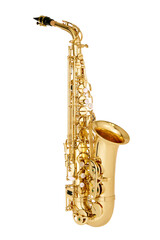 Naklejka premium Shiny Golden Alto Saxophone Isolated on White Background