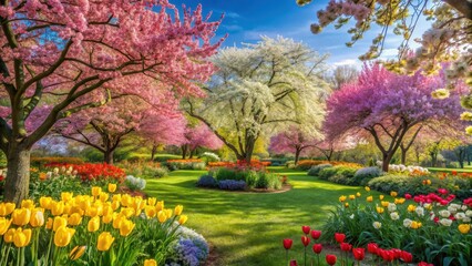 Vibrant spring garden with blooming flowers and trees in full bloom , blossom explosion, nature
