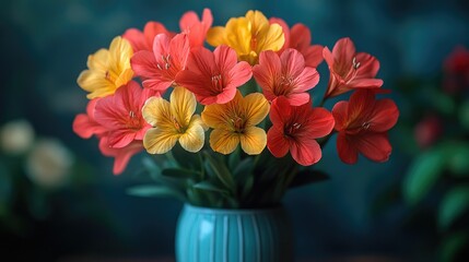 A vibrant arrangement of red salvia flowers and yellow marigolds against a textured white wall.