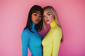 Two beautiful models in blue and lime yellow long-sleeved bodycon dresses, one with straight dark hair, the other blonde