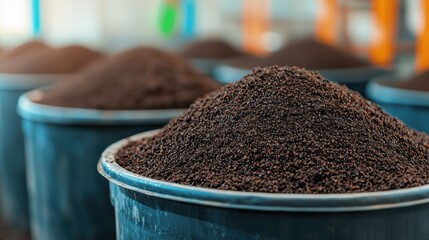 A close-up view of mounds of coffee grounds in buckets, showcasing the rich texture and dark color of freshly processed coffee.
