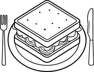 Simple Line Drawing of a Delicious Sandwich on Plate