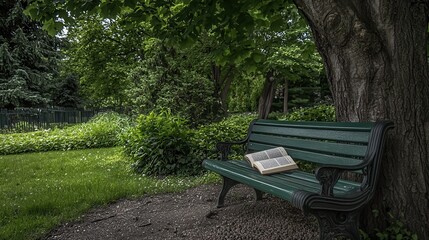 Fototapeta premium Serene Garden Bench with Open Book Peaceful Escape