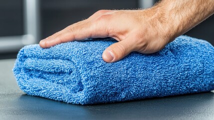 A close-up shot of a hand resting on a neatly folded blue towel, emphasizing comfort and tidiness in a relaxed environment.