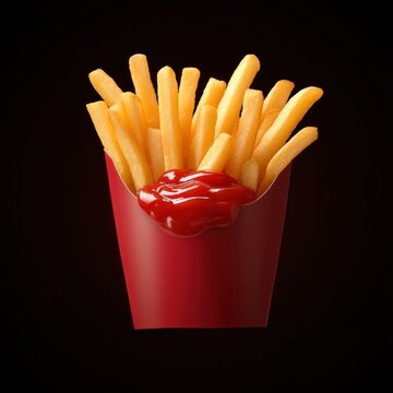 frenchfries with kitchup, topview on dark background. food photography for ads